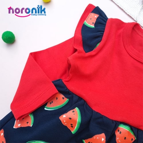 خرید با صرفه پیراهن دخترانه نوزادی طرح هندوانه ای بومرنگ تا 2 سال از نورونیک